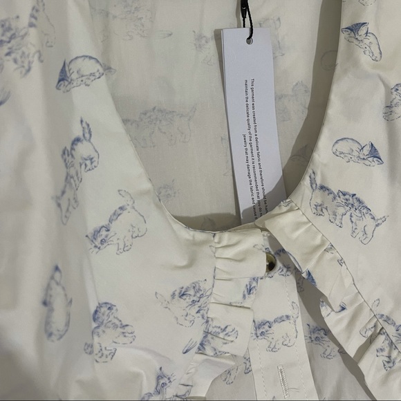 NWT Ganni Ruffled Collar Kitten Print Blouse - Picture 4 of 8